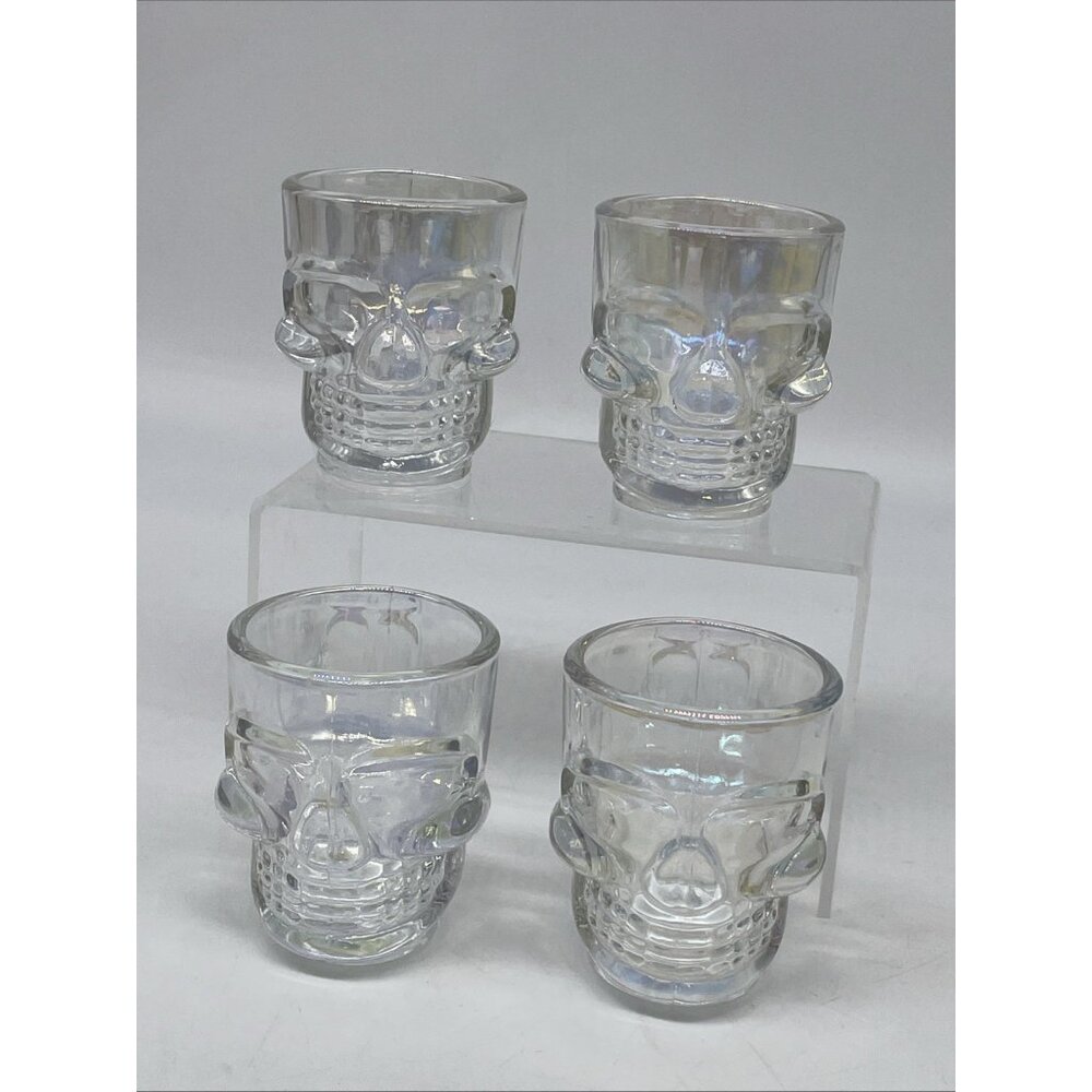 Skull Shaped Shot Glass Iridescent Clear Set Of 4 Barware Gothic Pirate Party